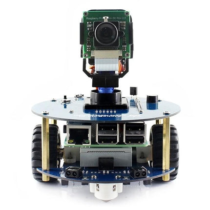 Waveshare AlphaBot2 Robot Building Kit for Raspberry Pi Projects front view with camera module and modular 2-layer chassis