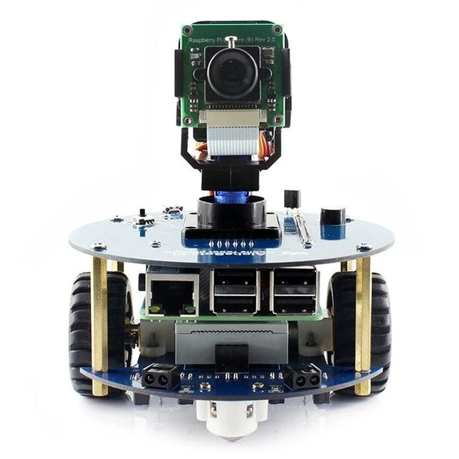 Waveshare AlphaBot2 Robot Building Kit for Raspberry Pi Projects front view with camera module and modular 2-layer chassis