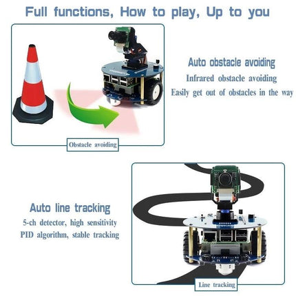 Waveshare AlphaBot2 Robot Building Kit for Raspberry Pi Projects showing auto obstacle avoiding and auto line tracking demo