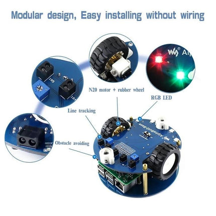 Waveshare AlphaBot2 Robot Building Kit for Raspberry Pi Projects showing modular 2-layer chassis, N20 motors, RGB LEDs and line-tracking sensors