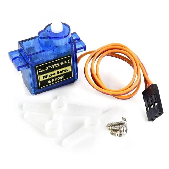Waveshare SG90 Micro Servo for RC and Robotics Projects compact blue micro servo with horn, screws and orange cable