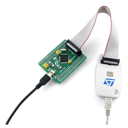 Waveshare Core405R Microcontroller Development Board connected to ST-Link debugger via ribbon cable and USB for prototyping and debugging