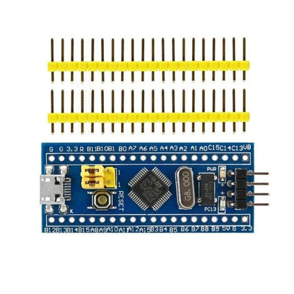 STM32 Development Board for Beginner Electronics Projects - blue STM32F103C8T6 board with headers and micro USB for beginner circuits