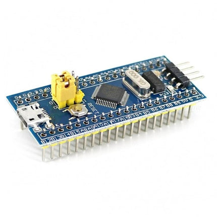STM32 Development Board for Beginner Electronics Projects - blue STM32F103C8T6 board with USB, headers, crystal and jumper for learning circuits