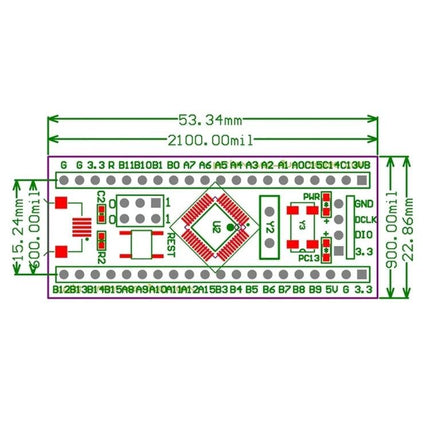 STM32 Development Board for Beginner Electronics Projects - top view with pin labels and dimensions