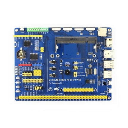 Waveshare Compute Module IO Board Plus for Raspberry Pi Use - blue expansion board with GPIO, connectors, and prototyping headers