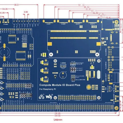 Waveshare Compute Module IO Board Plus for Raspberry Pi Use - top-down PCB layout with connectors and measured dimensions