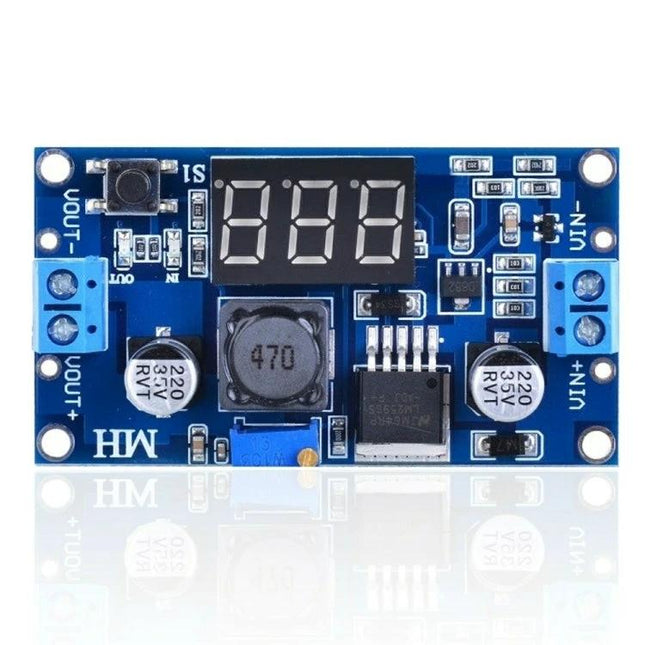 LM2596 Adjustable Step-Down Voltage Regulator with Voltmeter Display compact blue module with digital voltmeter and adjustable output