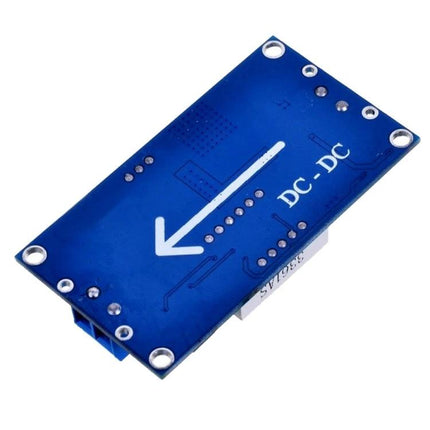 LM2596 Adjustable Step-Down Voltage Regulator with Voltmeter Display blue DC-DC module top view showing arrow and mounting holes