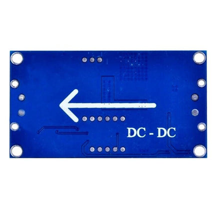 LM2596 Adjustable Step-Down Voltage Regulator with Voltmeter Display blue DC-DC module back PCB with direction arrow
