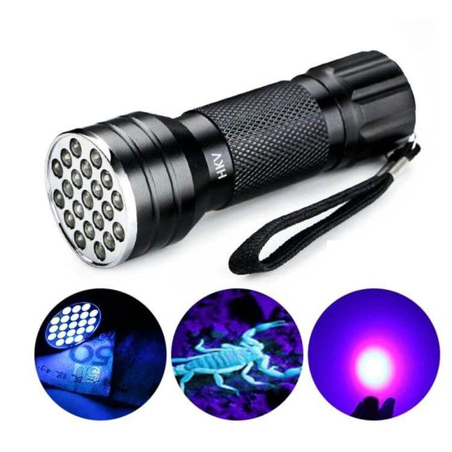 UV 21 LED Flashlight For Pet Urine Stains Detector compact black EDC UV torch showing glow and hidden stains detection
