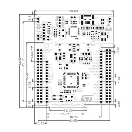 Waveshare STM32 Nucleo-64 Development Board for Prototyping top-view technical drawing with dimensions