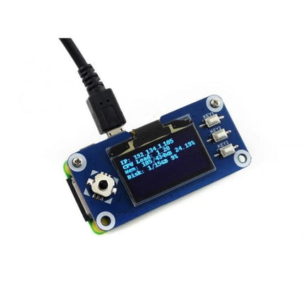 Waveshare 1.3 Inch OLED Display Hat for Raspberry Pi Projects showing 128x64 screen, joystick and buttons displaying system stats