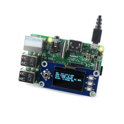 Waveshare 1.3 Inch OLED Display Hat for Raspberry Pi Projects showing 128x64 screen, joystick and buttons mounted on Raspberry Pi