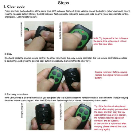 Universal 433MHz Wireless Remote Control for Garage Doors - close-up of duplicator remote and original remote during code clear and copy steps