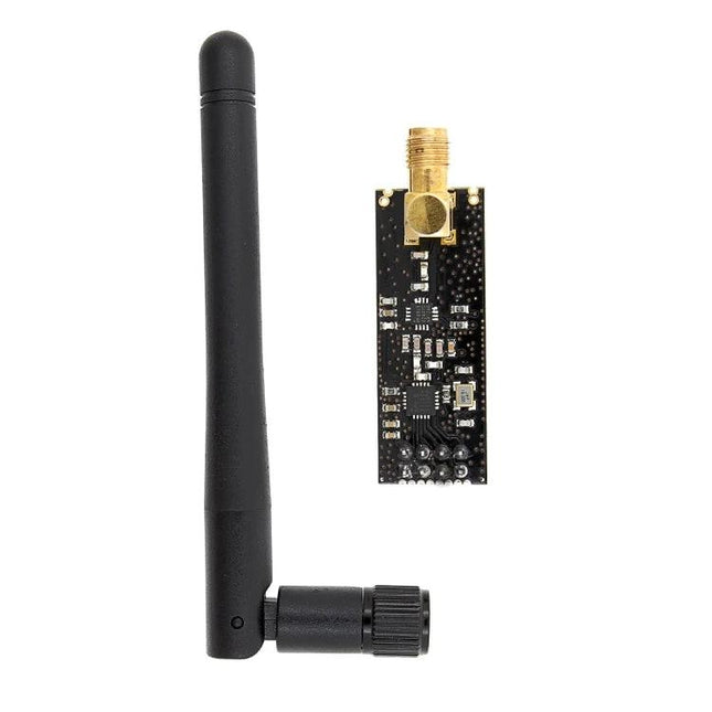 High-Power Long-Distance 2.4GHz Wireless Transmission Module with Antenna black PCB module and detachable SMA antenna for long-range NRF24L01P projects