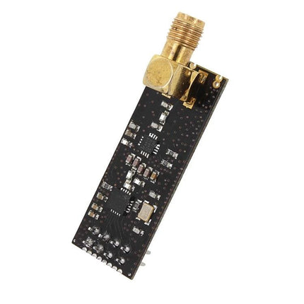 High-Power Long-Distance 2.4GHz Wireless Transmission Module with Antenna showing NRF24L01P board with PA LNA and gold SMA connector for long-range IoT