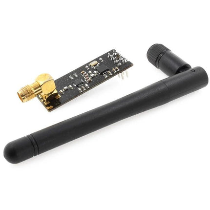 High-Power Long-Distance 2.4GHz Wireless Transmission Module with Antenna showing NRF24L01P board with SMA connector and detachable whip antenna