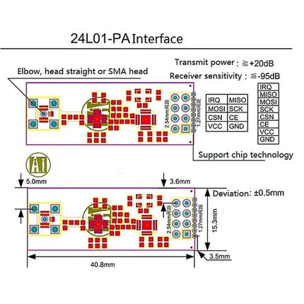 High-Power Long-Distance 2.4GHz Wireless Transmission Module with Antenna diagram showing NRF24L01P layout, pin labels, dimensions and antenna interface