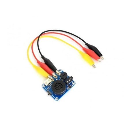 Waveshare Micro:bit Compatible Speaker for Music Playback - blue module with onboard speaker and colored alligator clip wires