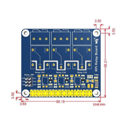 Waveshare Relay Board for Raspberry Pi Home Device Control - 4-channel relay module top view with mounting holes and pin header dimensions