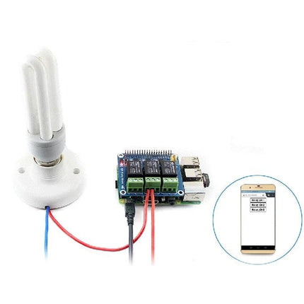 Waveshare Relay Board for Raspberry Pi Home Device Control controlling a lamp via Raspberry Pi and smartphone app