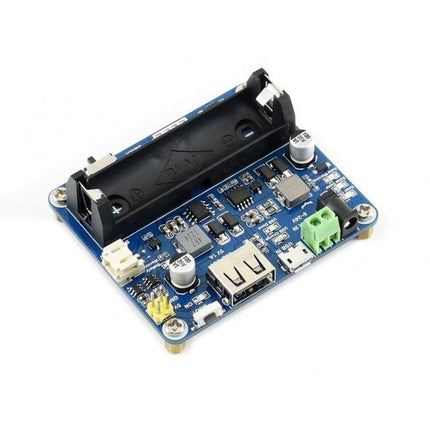 Waveshare Solar Power Management Module for 6V-24V Panels showing battery holder, USB output, and terminals for solar/USB charging