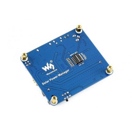 Waveshare Solar Power Management Module for 6V-24V Panels mounted blue PCB showing connectors and regulator for outdoor IoT charging