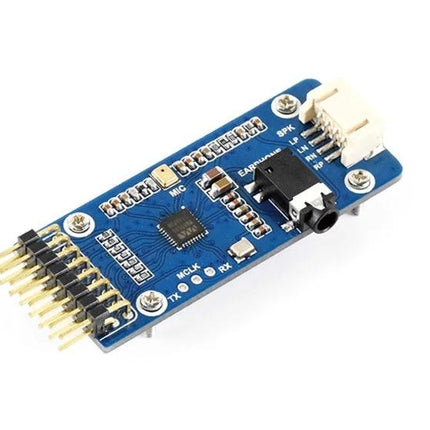 Waveshare Stereo Audio Module for Music Playback and Recording on blue PCB with WM8960 chip, headphone jack and pin header for DIY audio projects