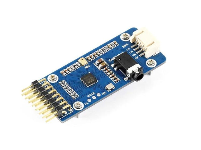 Waveshare Stereo Audio Module for Music Playback and Recording on blue PCB with WM8960 chip, headphone jack and pin header for DIY audio projects
