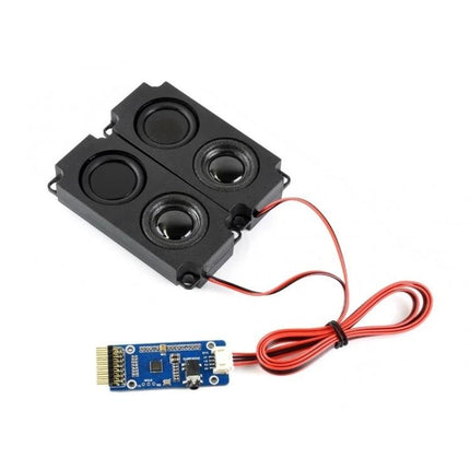 Waveshare Stereo Audio Module for Music Playback and Recording connected to dual speakers and red cable, WM8960-based board for DIY audio projects
