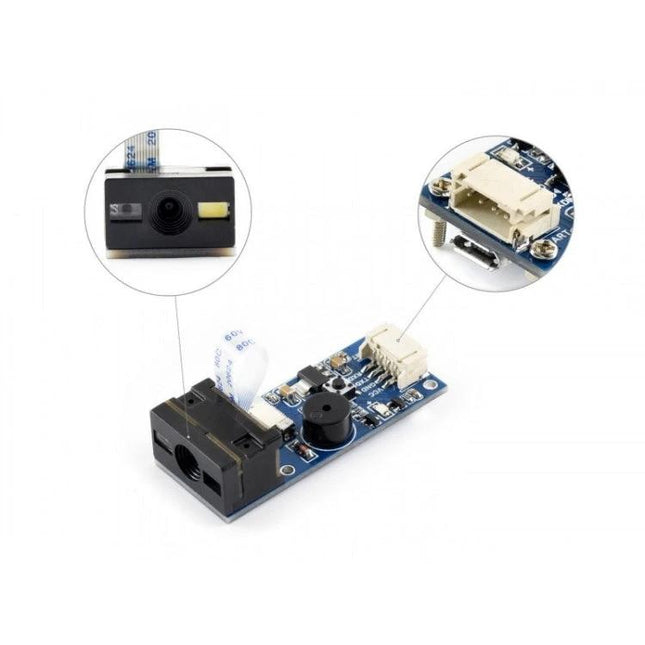 Waveshare Barcode Scanner Module for 1D and 2D Code Reading compact board with camera sensor, USB connector and ribbon cable for barcode scanning