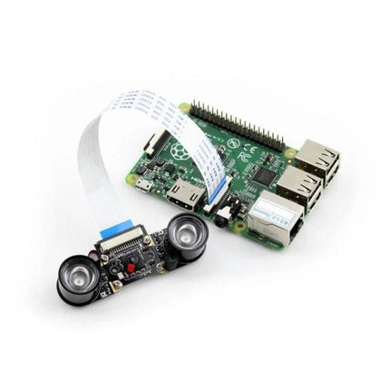 Waveshare Infrared LED Board for Wide-Angle Night Vision attached to Raspberry Pi with ribbon cable, dual IR LEDs for low-light monitoring