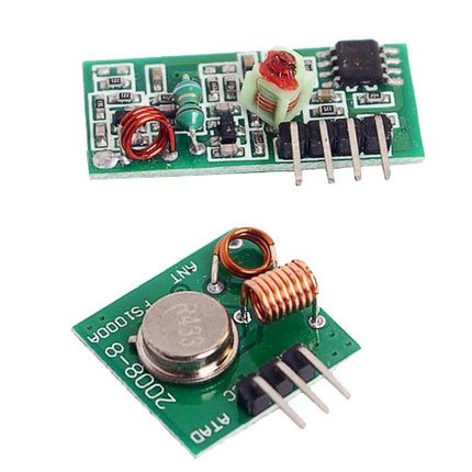 433MHz Wireless Transmitter and Receiver Kit for Remote Controls showing two green PCB modules with coils and 3-pin connectors