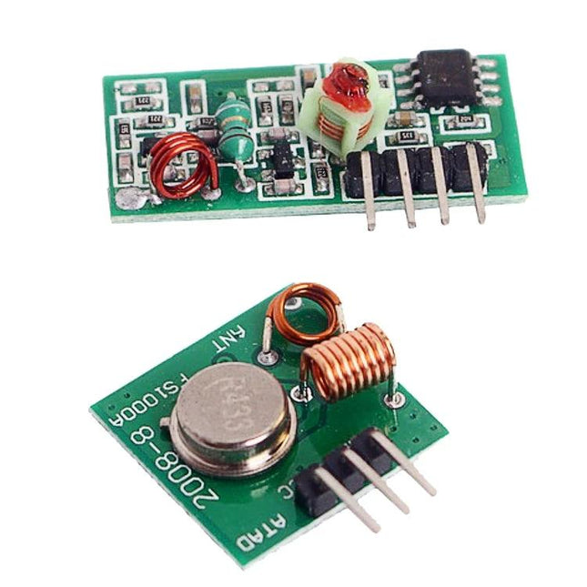 433MHz Wireless Transmitter and Receiver Kit for Remote Controls showing two green PCB modules with coils and 3-pin connectors