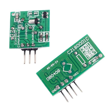 433MHz Wireless Transmitter and Receiver Kit for Remote Controls showing two green PCB 433MHz modules with 4-pin headers for Arduino projects