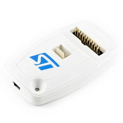 Waveshare ST-LINK/V2 Programmer for STM8 and STM32 Devices white in-circuit debugger connected via USB, close-up of SWIM and JTAG/SWD pins