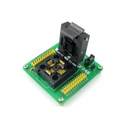 Waveshare Programmer Adapter for STM8 QFP48 Microcontrollers green PCB with flip-top QFP48 socket and dual pin headers for programming
