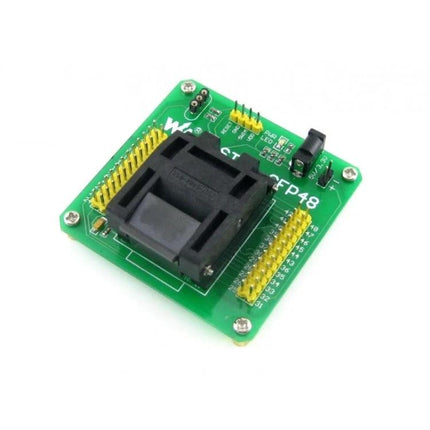 Waveshare Programmer Adapter for STM8 QFP48 Microcontrollers green PCB with black QFP48 ZIF socket and header pins