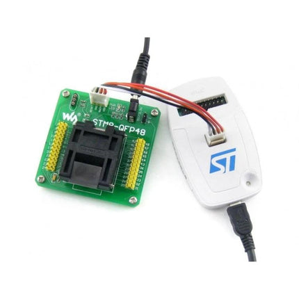 Waveshare Programmer Adapter for STM8 QFP48 Microcontrollers showing green QFP48 socket and white ST programmer connected via 4-pin cable
