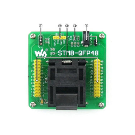Waveshare Programmer Adapter for STM8 QFP48 Microcontrollers - top view showing QFP48 socket, pin headers, and 4-pin SWIM port