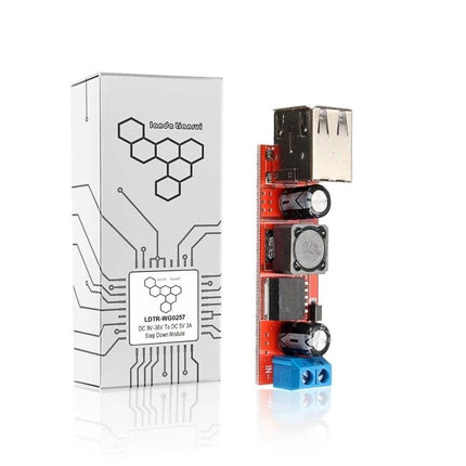 Dual USB Power Converter for Everyday Mobile Device Charging - slim red DC-DC step down module with two USB ports and retail box for car charging