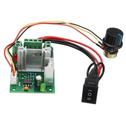 DC Motor Speed Controller with Reversible Switch for PWM Adjustment showing PCB, heat sink, knob potentiometer, wires and on/off rocker switch
