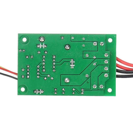DC Motor Speed Controller with Reversible Switch for PWM Adjustment green PCB rear view with wires, solder joints and mounting holes for hobby projects