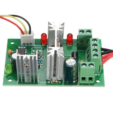 DC Motor Speed Controller with Reversible Switch for PWM Adjustment - green PCB module with heatsinks, terminal blocks, LEDs and wiring for hobby motors