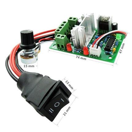 DC Motor Speed Controller with Reversible Switch for PWM Adjustment compact PCB kit with potentiometer, reversible rocker switch and wiring for hobby motor control
