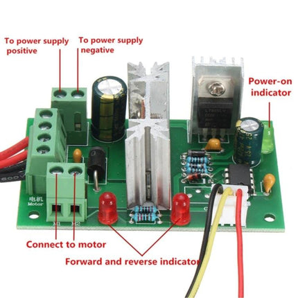 DC Motor Speed Controller with Reversible Switch for PWM Adjustment shown on PCB with terminal blocks, heatsink, LEDs and wiring for motor and power connections