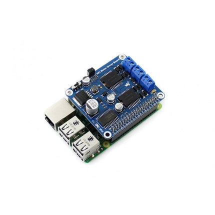 Waveshare Raspberry Pi Motor Driver Board for Robotics Projects mounted on Raspberry Pi showing blue screw terminals and driver chips