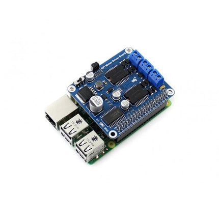 Waveshare Raspberry Pi Motor Driver Board for Robotics Projects mounted on Raspberry Pi showing terminals and motor driver chips
