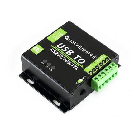 Waveshare Industrial USB to RS232/485/TTL Converter black metal enclosure with green terminal block for industrial serial communication